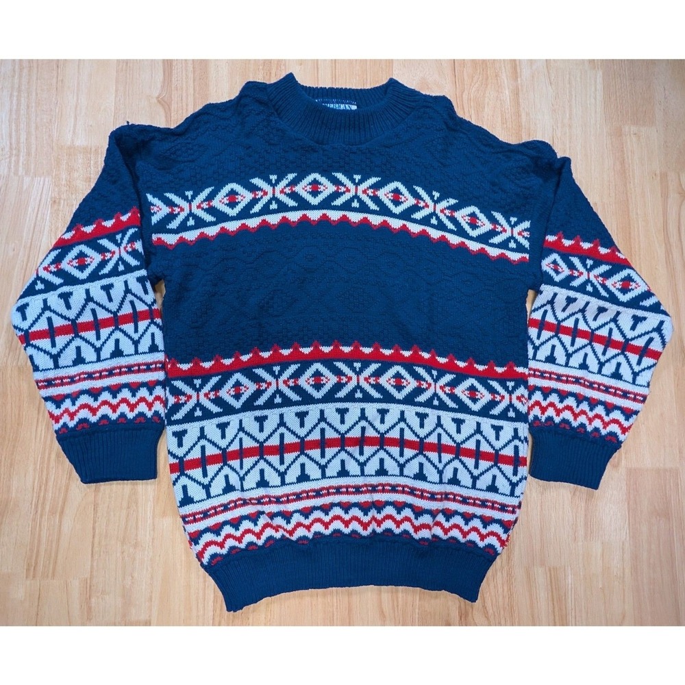 Vintage American Pride Sweater‎ USA Made Blue Red Fair Isle Knit Men's M